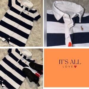 RALPH LAUREN POLO blue stripe one piece. Size: 3M